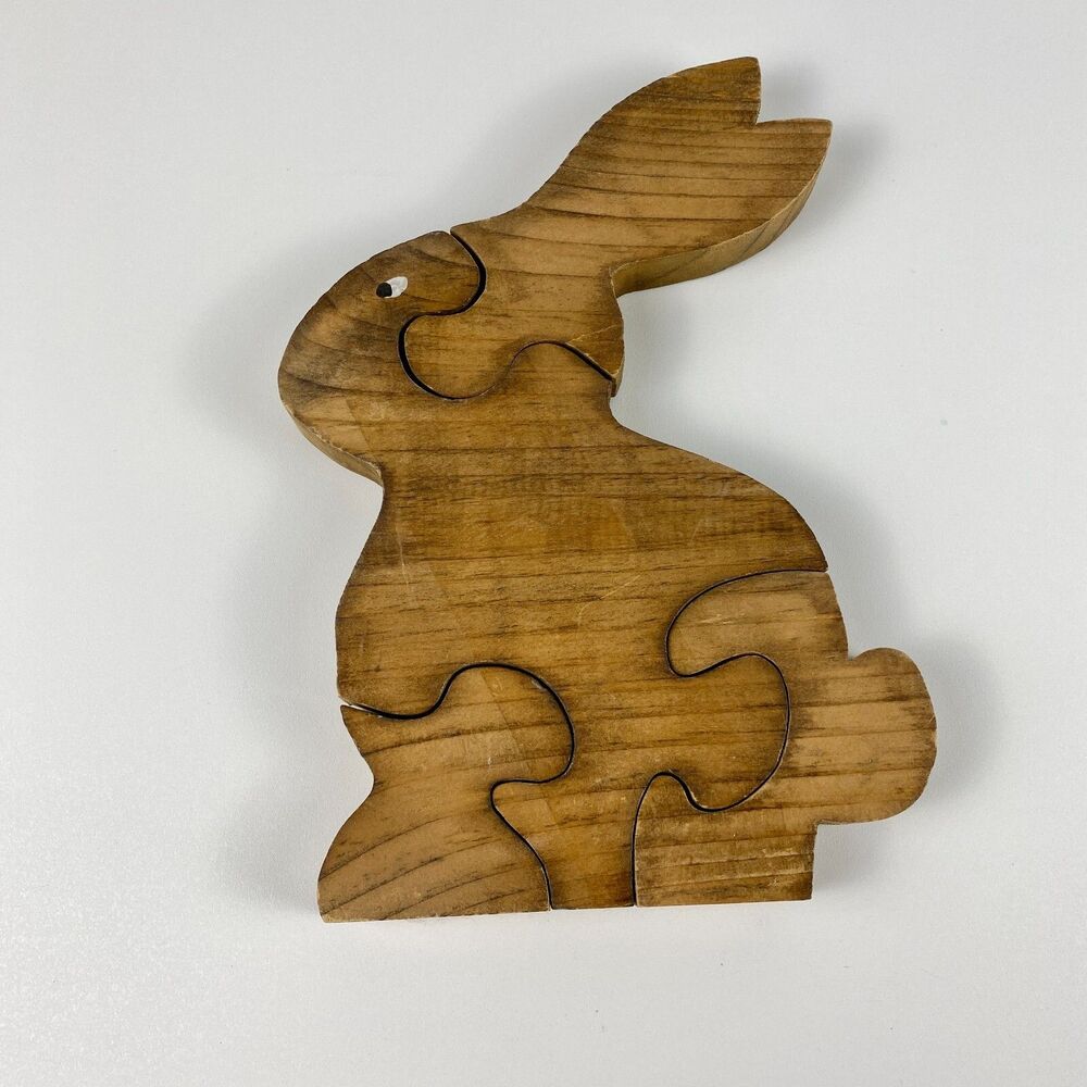 VTG Handmade Stained Wooden Bunny Jigsaw Puzzle Figurine Retro Decor 9" x 6"